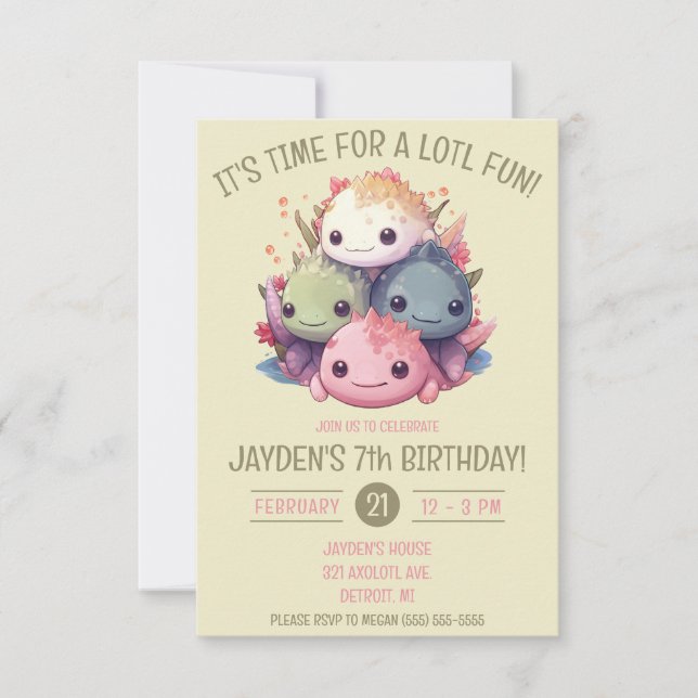 Invitación Cuta ficha de la fiesta de cumpleaños de Axolotls (Anverso)