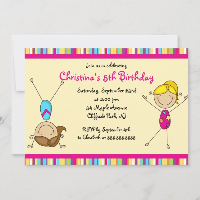 Invitación Cuta fiesta de cumpleaños gimnástica (Anverso)