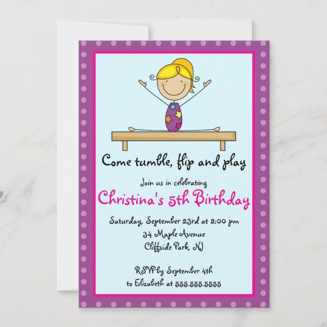 Invitación Cuta fiesta de cumpleaños gimnástica (Anverso)