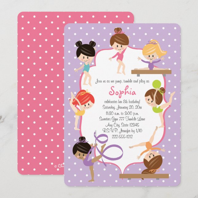 Invitación Cuta Gimnasia Personalizada Fiesta de Cumpleaños (Anverso / Reverso)