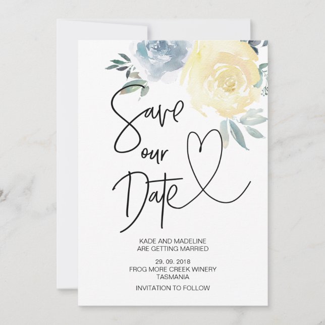 Invitación Cuta Guardar Nuestra Fecha Azul Crema Floral Boda (Anverso)