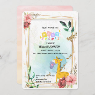 Invitación Cuta jirafa Ropa colgante Floral Bebé ducha