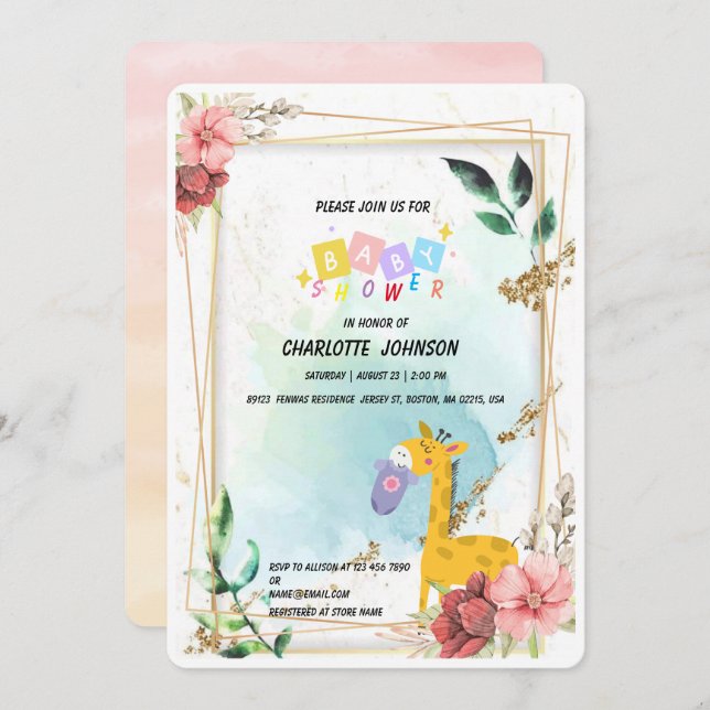 Invitación Cuta jirafa Ropa colgante Floral Bebé ducha (Anverso / Reverso)