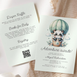 Invitación Cuta Panda Balloon Mint Green QR Code Baby Shower