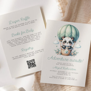 Invitación Cuta Panda Mint Green Balloon QR Code Baby Shower
