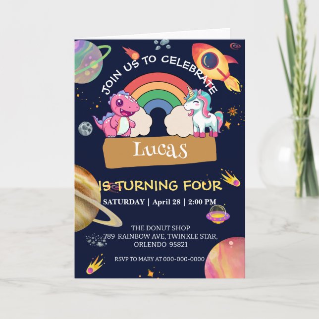 Invitación Cuta unicornio fiesta de cumpleaños del espacio de (Anverso)