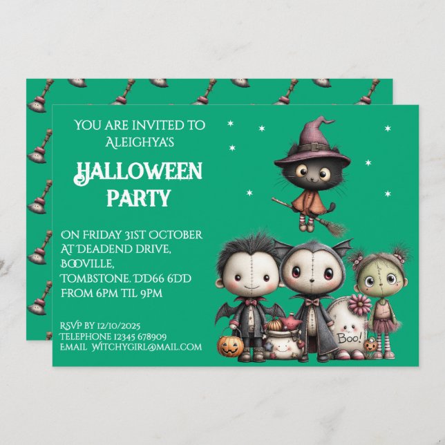 Invitación Cuta y caprichosa fiesta de Halloween (Anverso / Reverso)