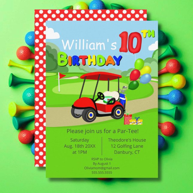 Invitación Cute 10 cumpleaños Carro de Golf Rojo (Subido por el creador)
