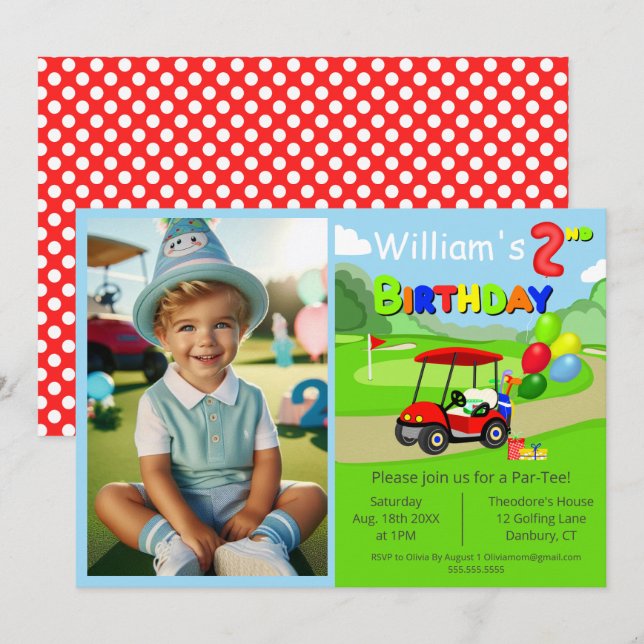 Invitación Cute 2º cumpleaños de foto Carro de Golf Rojo (Anverso / Reverso)