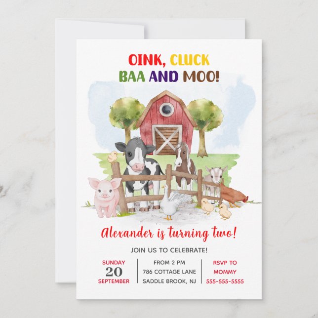 Invitación Cute 2º cumpleaños Granja Animales Barnyard Kids (Anverso)