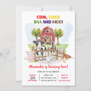 Invitación Cute 2º cumpleaños Granja Animales Barnyard Kids