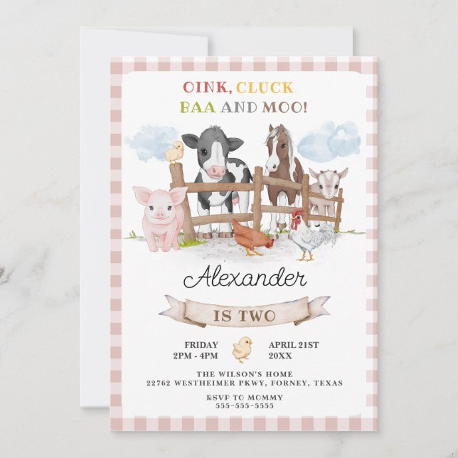 Invitación Cute 2º cumpleaños Granja Animales Barnyard Kids (Anverso)