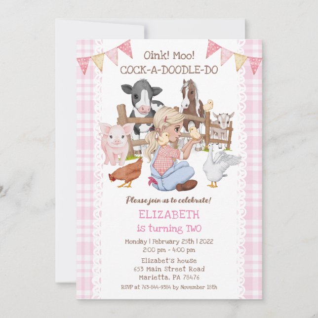 Invitación Cute 2º cumpleaños Granja Animales Barnyard Kids (Anverso)