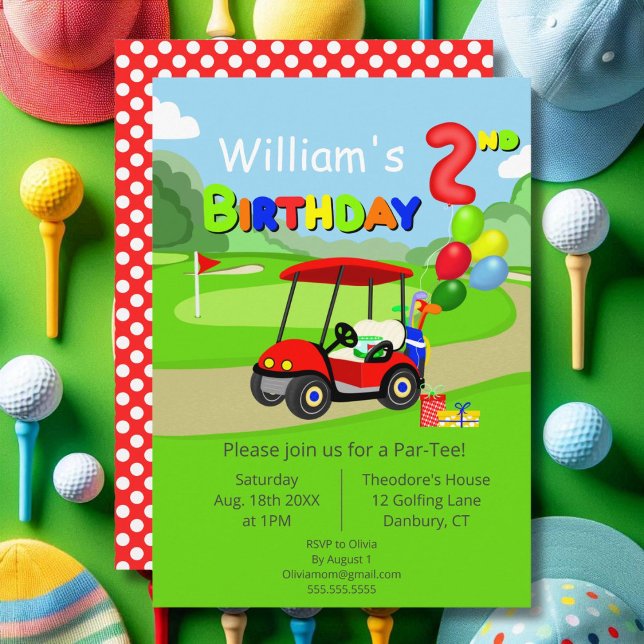 Invitación Cute 2º cumpleaños Red Golf Cart Boy (Subido por el creador)