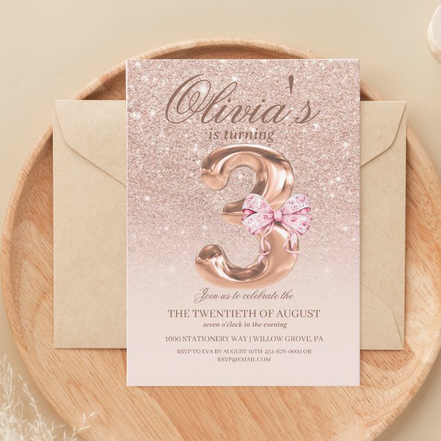 Invitación Cute 3.ᵉʳ Rosa Oro Moderno Princesa Fiesta de Cump (Subido por el creador)