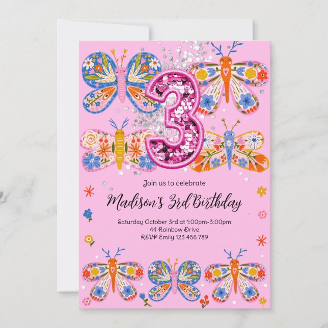 Invitación Cute 4º cumpleaños mariposa (Anverso)