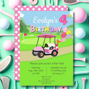 Invitación Cute 4º cumpleaños Polka Dot Pink Girly Golf