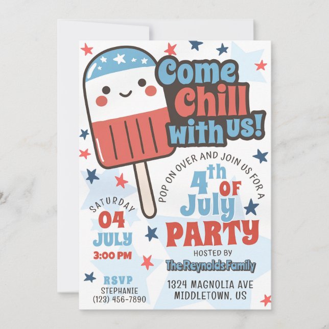 Invitación Cute 4 de julio Chill with Us Retro Popsicle Fun (Anverso)