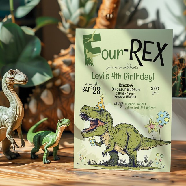 Invitación Cute 4-REX Funny Dinosaur Boy 4º Fiesta de cumplea (Cute Cartoon T-Rex Dinosaur wearing a birthday hat, Four-Rex 4th birthday party invitation, green)