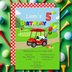 Invitación Cute 5.º cumpleaños de Red Golf Cart Boy