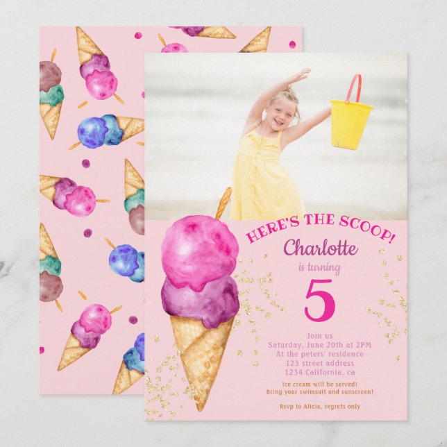 Invitación Cute 5 años, aquí está la foto de helado de cuchar (Anverso / Reverso)