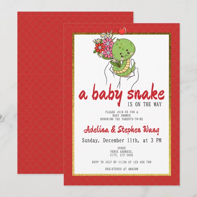 Invitación Cute A Baby Snake Está En Camino De Red Baby Showe (Anverso / Reverso)