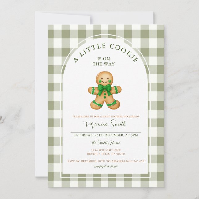 Invitación Cute A little Cookie baby shower green gingham  (Anverso)