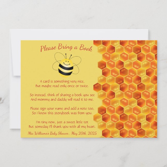 Invitación Cute Abeja temática de Baby Shower trae un libro (Anverso)
