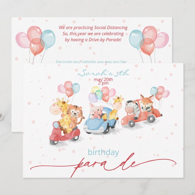 Invitación Cute acuarela Animales Desfile de cumpleaños (Anverso / Reverso)
