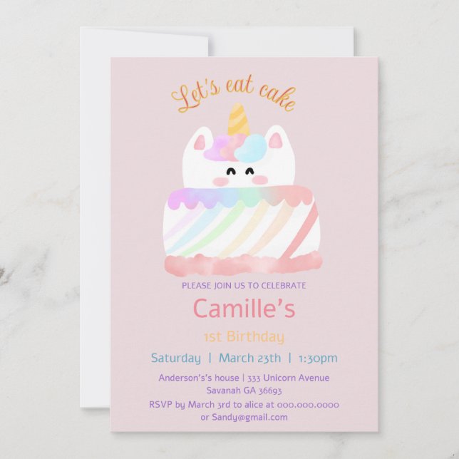 Invitación Cute acuarela Arcoiris Unicornio Primer cumpleaños (Anverso)