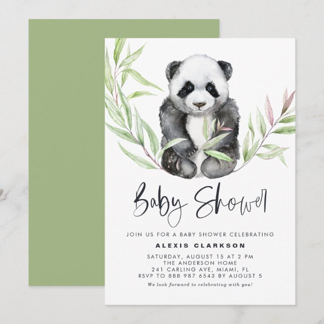 Invitación Cute acuarela Baby Panda Greenery Baby Shower (Anverso / Reverso)