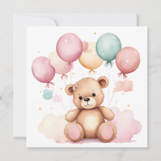 Invitación Cute acuarela Baby Shower Balloons Teddy Bear