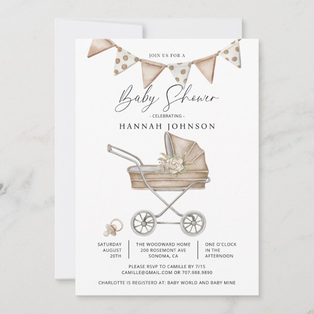 Invitación Cute acuarela Baby Shower Género neutro (Anverso)