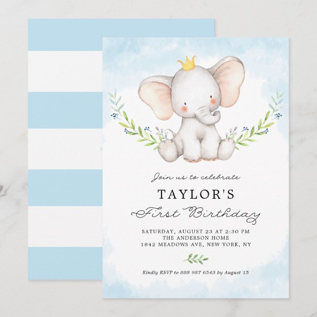 Invitación Cute acuarela bebé elefante niño primer cumpleaños (Anverso / Reverso)