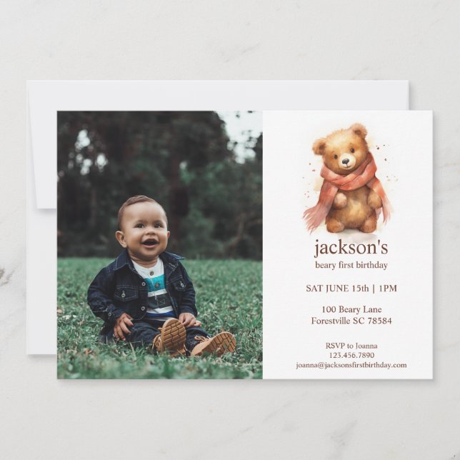 Invitación Cute acuarela Bebé Oso Primer Cumpleaños (Anverso)