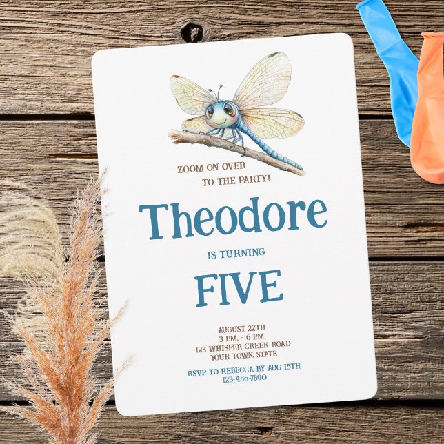 Invitación Cute acuarela Blue Brown Dragonfly Boy Cumpleaños (Subido por el creador)