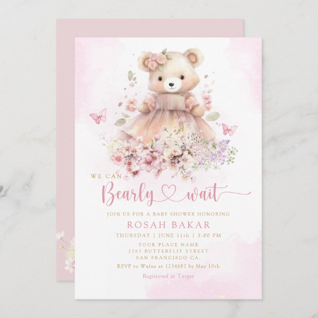 Invitación Cute acuarela Boho Teddy Bear Chica Baby Shower (Anverso / Reverso)