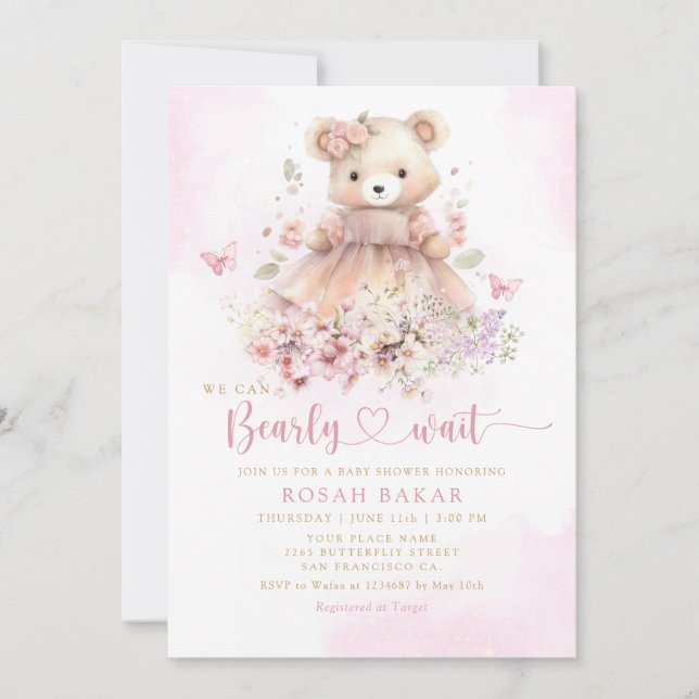 Invitación Cute acuarela Boho Teddy Bear Chica Baby Shower (Anverso)