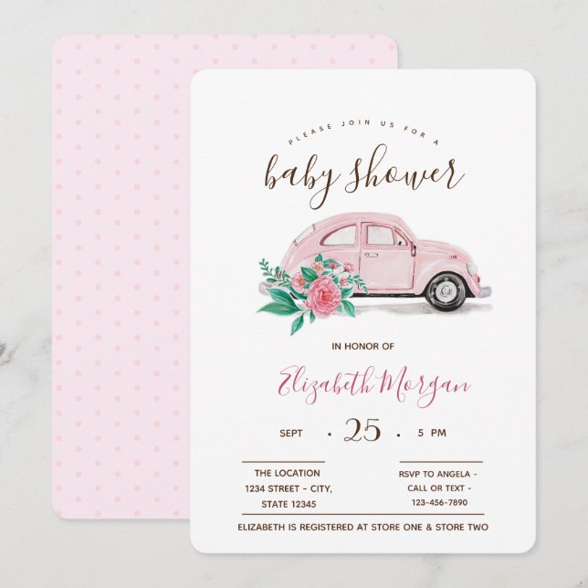Invitación Cute acuarela Coche rosa Polka puntos Baby Shower (Anverso / Reverso)