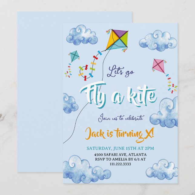 Invitación Cute acuarela Cometas voladoras Cumpleaños (Anverso / Reverso)