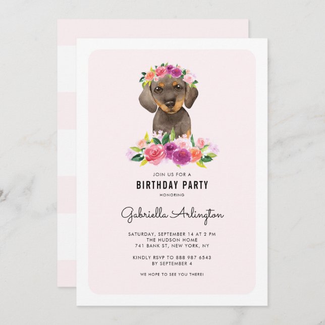 Invitación Cute acuarela Dachshund Pink Floral Cumpleaños (Anverso / Reverso)