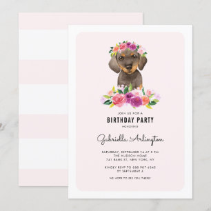 Invitación Cute acuarela Dachshund Pink Floral Cumpleaños