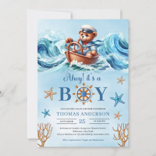 Invitación Cute acuarela de osito de peluche Ahoy es un niño