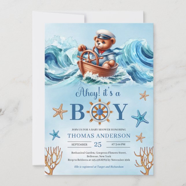 Invitación Cute acuarela de osito de peluche Ahoy es un niño (Anverso)