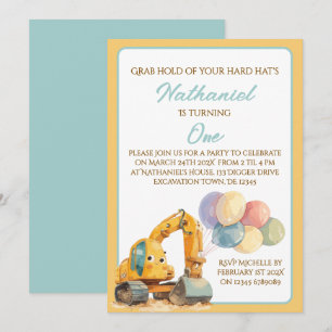 Invitación Cute acuarela Digger Primer Fiesta de cumpleaños