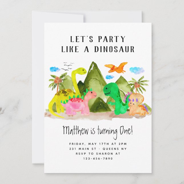 Invitación Cute acuarela Dino Mountain Dinosaur Cumpleaños (Anverso)