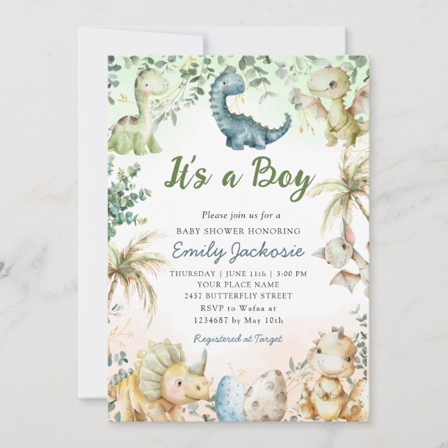 Invitación Cute acuarela Dinosaurio Greenery Boy Baby Shower (Anverso)