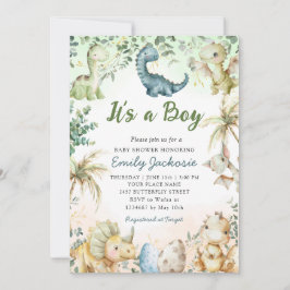 Invitación Cute acuarela Dinosaurio Greenery Boy Baby Shower