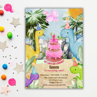 Invitación Cute acuarela Dinosaurio primer Fiesta de cumpleañ