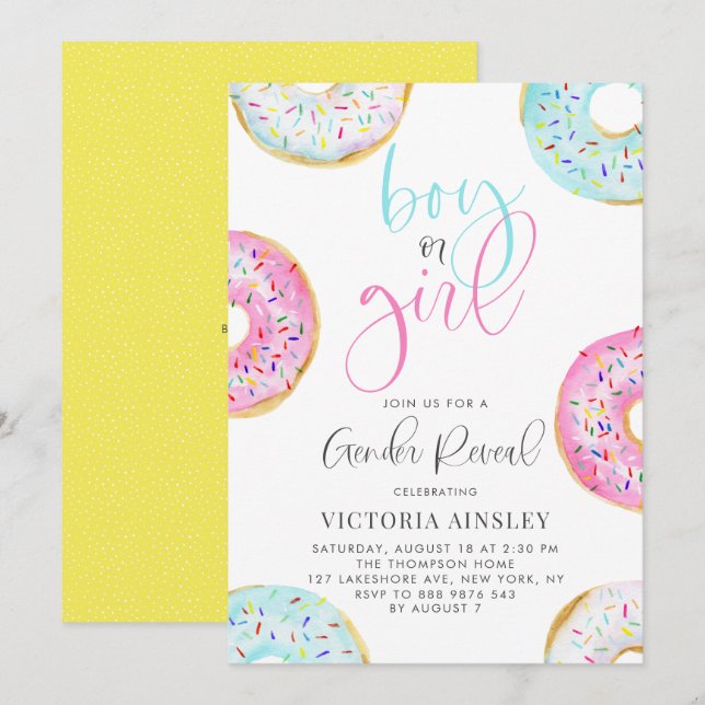Invitación Cute acuarela Donuts Género Revelar Baby Shower (Anverso / Reverso)